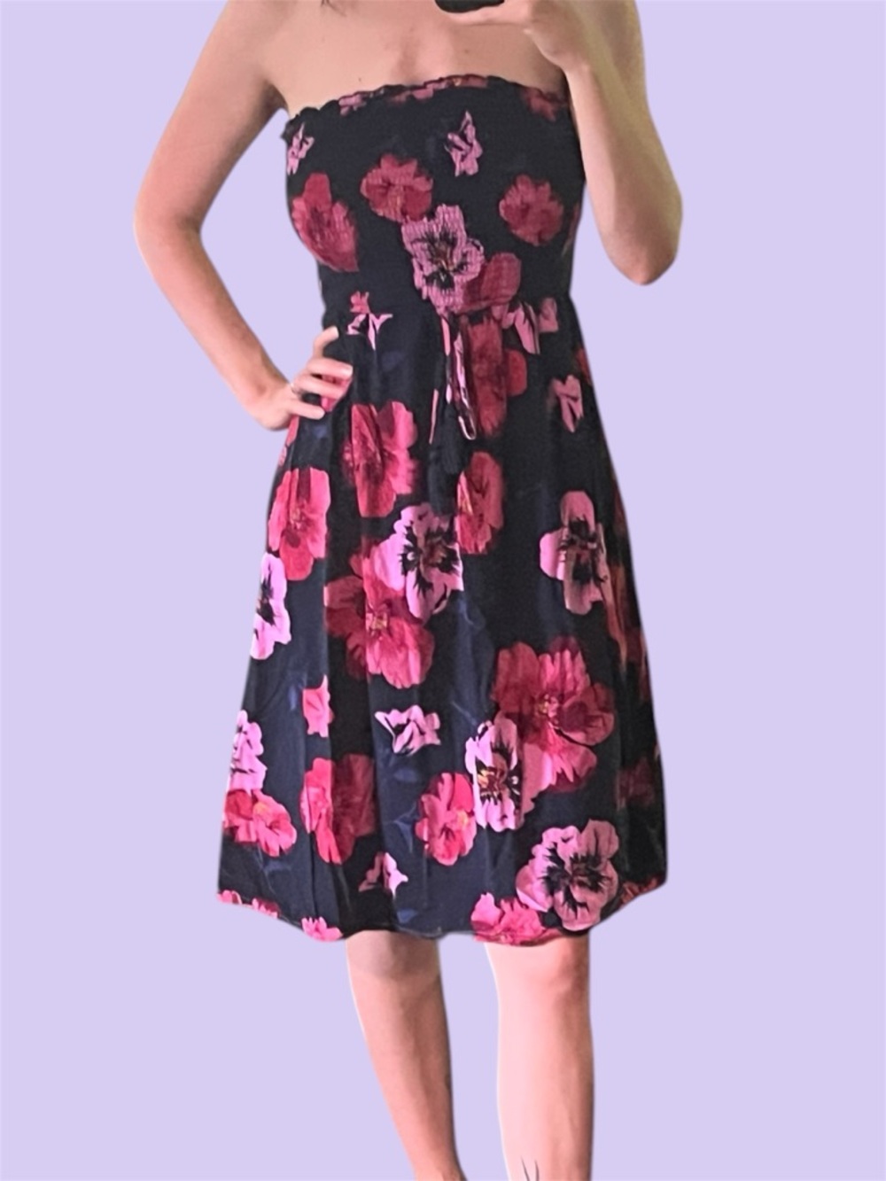 Strapless Black Dress with Pink Floral Print